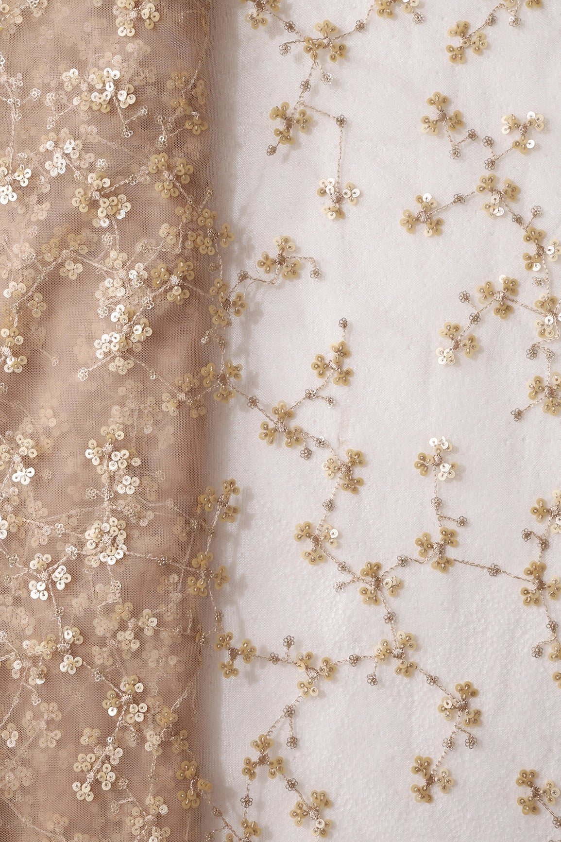 AIzaSyBcstauz-XMPRhEY21AUzeo032pxrXB5Ug - Beige And Gold Sequins With Geometric Embroidery On Beige Soft Net Fabric