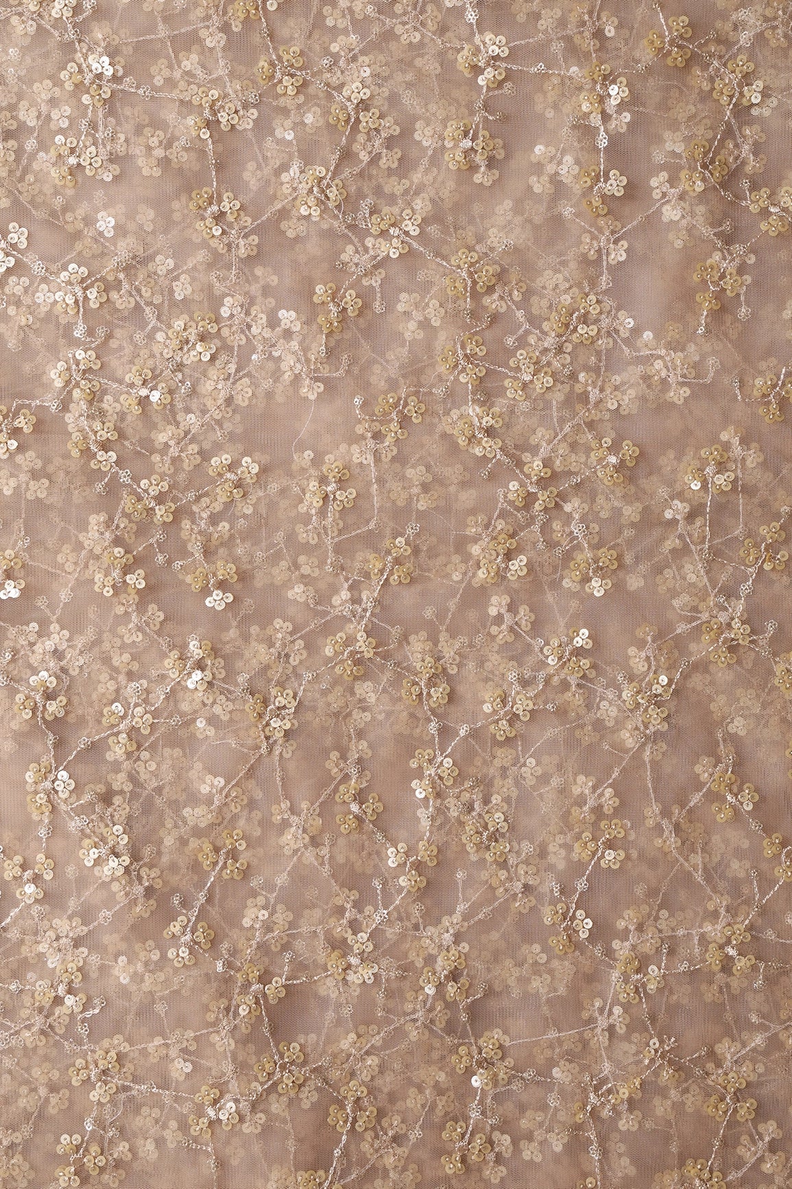 AIzaSyBcstauz-XMPRhEY21AUzeo032pxrXB5Ug - Beige And Gold Sequins With Geometric Embroidery On Beige Soft Net Fabric