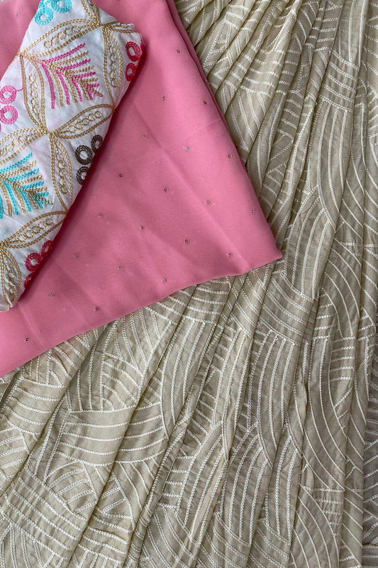 AIzaSyBcstauz-XMPRhEY21AUzeo032pxrXB5Ug - Beige And Pink Unstitched Lehenga Set Fabric (3 Piece)