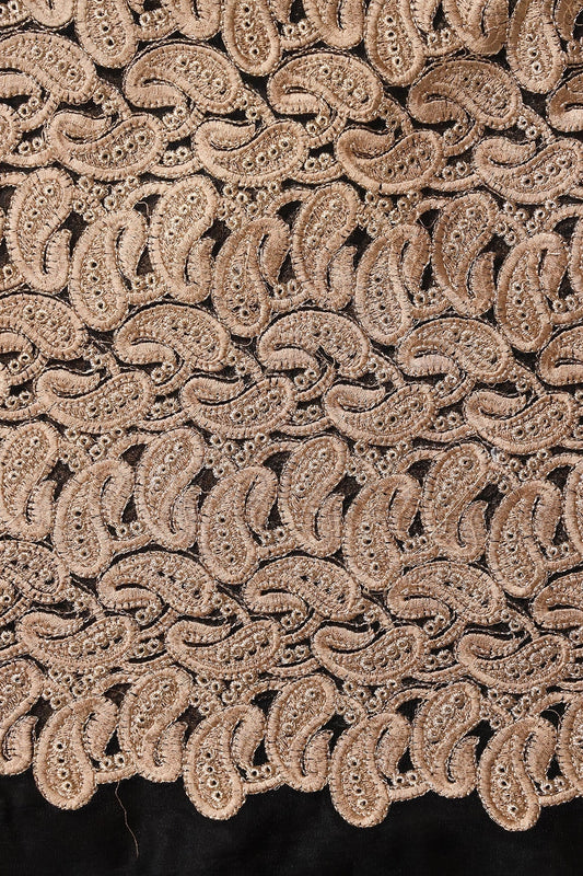 AIzaSyBcstauz-XMPRhEY21AUzeo032pxrXB5Ug - Beige Thread With Gold Zari Heavy Paisley Embroidery On Black Soft Net Fabric