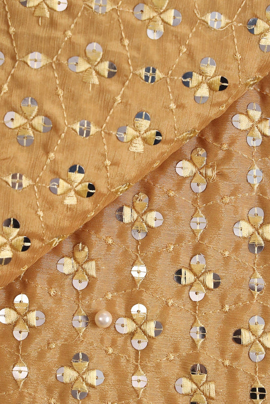AIzaSyBcstauz-XMPRhEY21AUzeo032pxrXB5Ug - Beige Thread With Sequins Geometric Embroidery Work On Merigold Yellow Chinnon Chiffon Fabric
