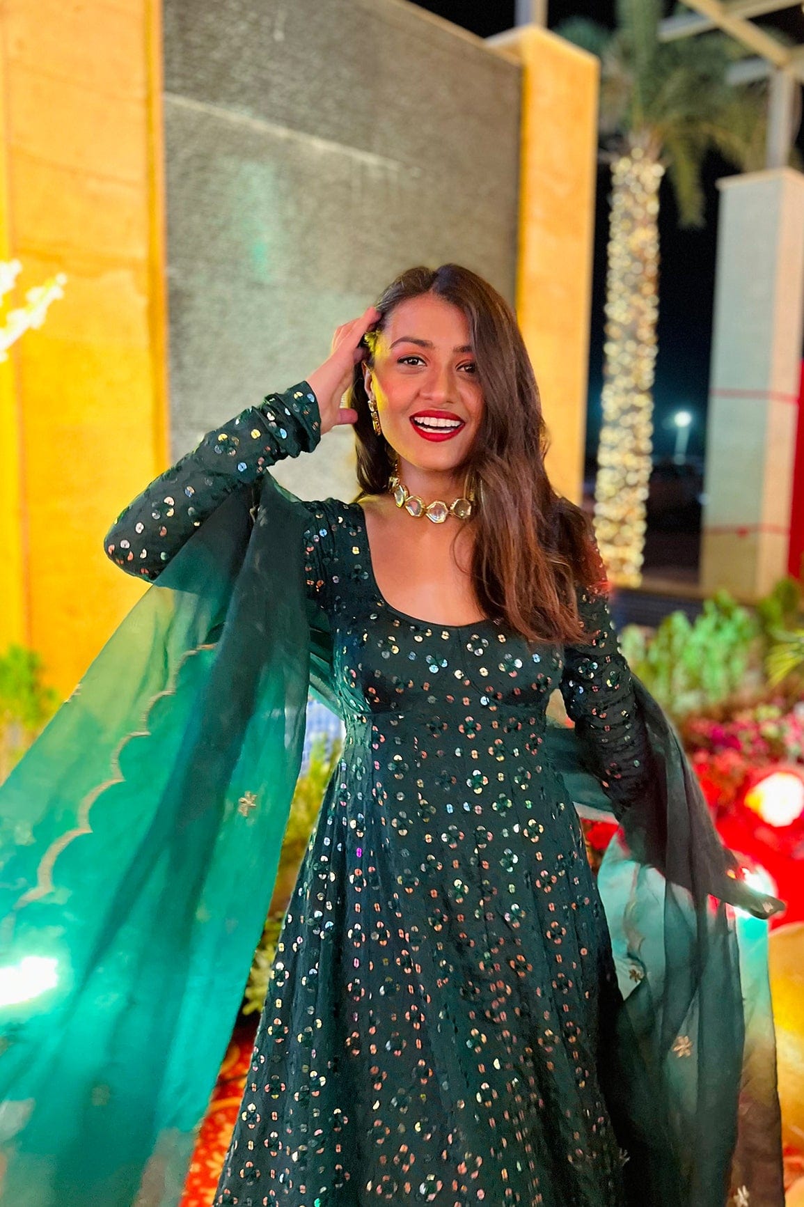 AIzaSyBcstauz-XMPRhEY21AUzeo032pxrXB5Ug - Beige Thread With Sequins Geometric Embroidery Work On Merigold Yellow Chinnon Chiffon Fabric