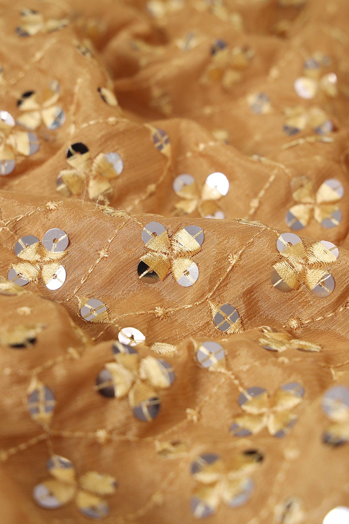 AIzaSyBcstauz-XMPRhEY21AUzeo032pxrXB5Ug - Beige Thread With Sequins Geometric Embroidery Work On Merigold Yellow Chinnon Chiffon Fabric