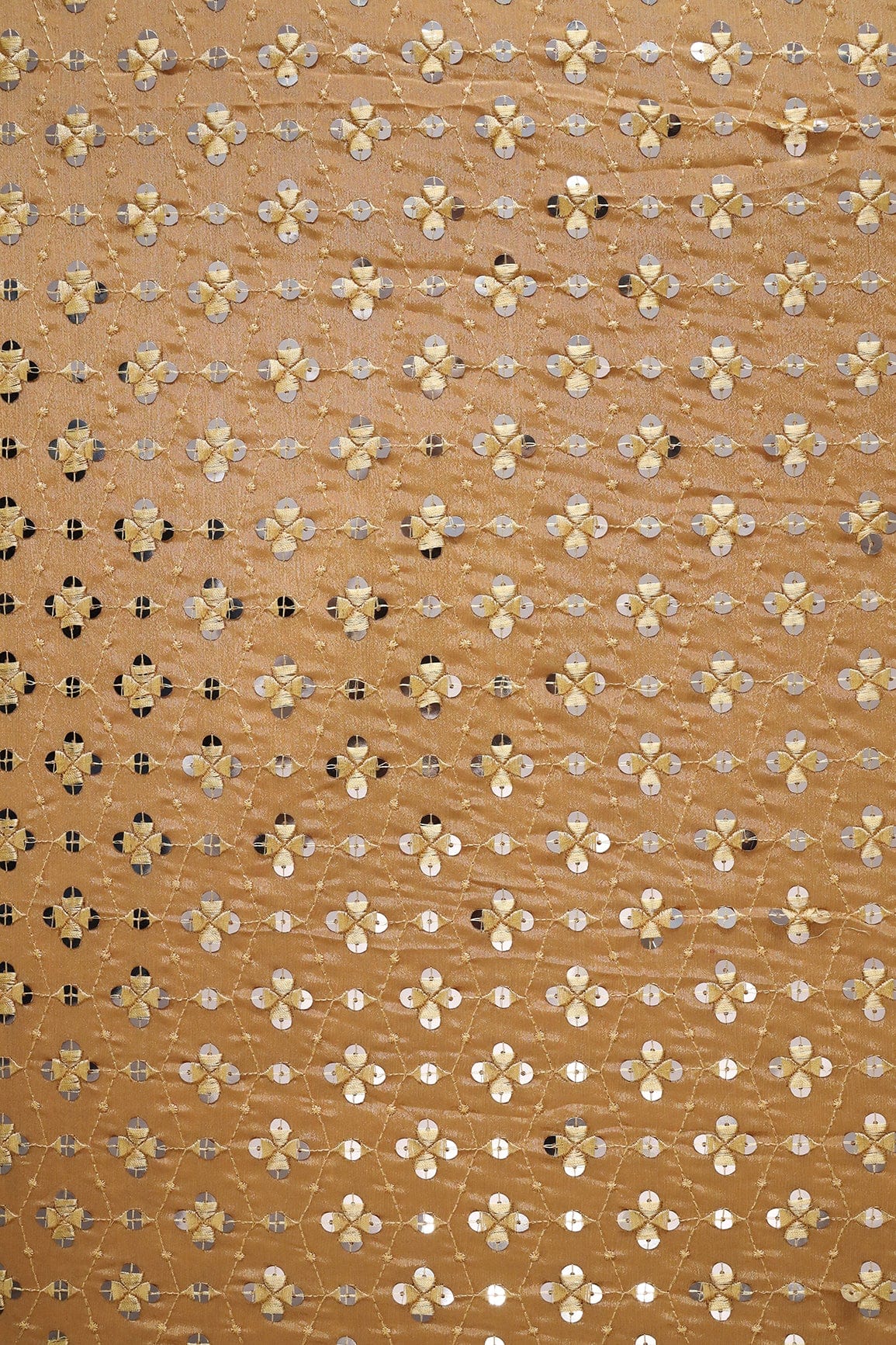 AIzaSyBcstauz-XMPRhEY21AUzeo032pxrXB5Ug - Beige Thread With Sequins Geometric Embroidery Work On Merigold Yellow Chinnon Chiffon Fabric