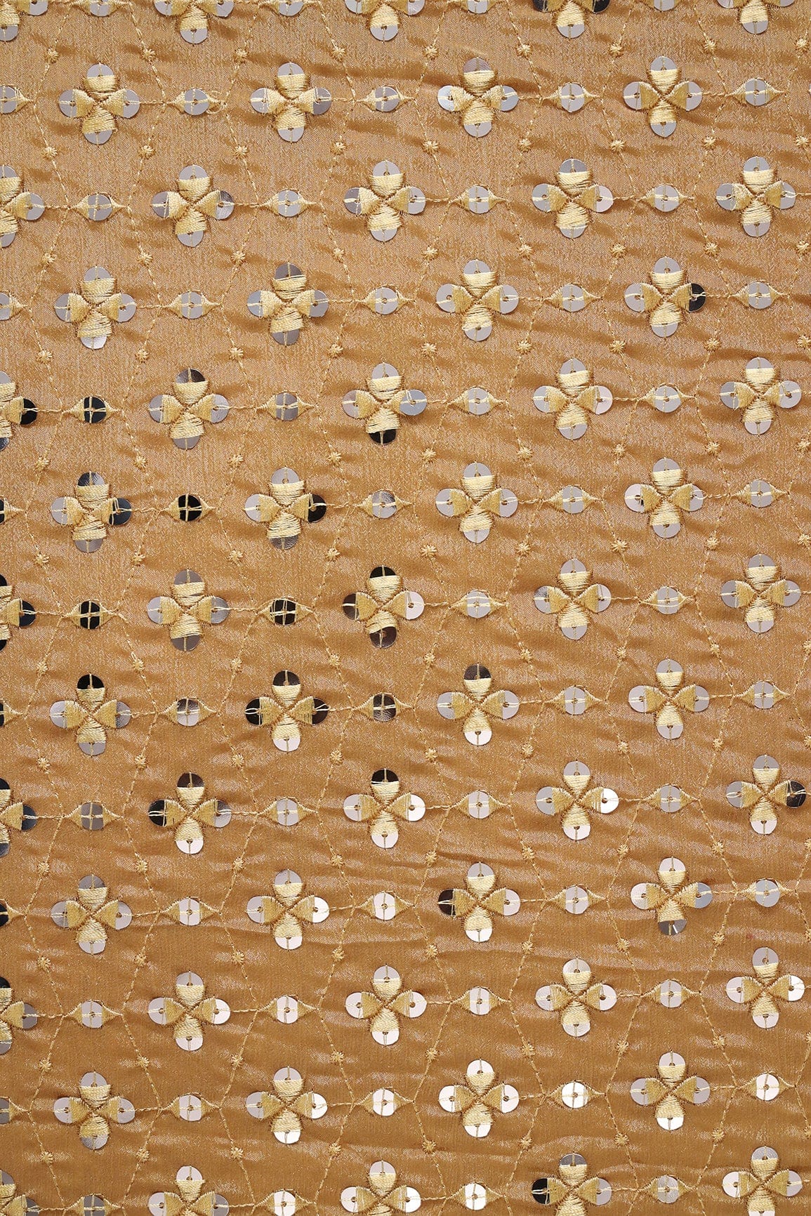 AIzaSyBcstauz-XMPRhEY21AUzeo032pxrXB5Ug - Beige Thread With Sequins Geometric Embroidery Work On Merigold Yellow Chinnon Chiffon Fabric