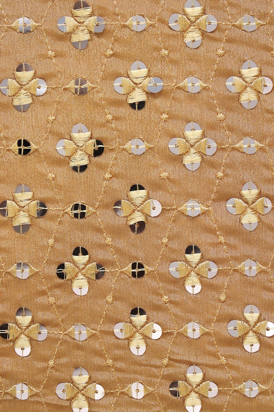 AIzaSyBcstauz-XMPRhEY21AUzeo032pxrXB5Ug - Beige Thread With Sequins Geometric Embroidery Work On Merigold Yellow Chinnon Chiffon Fabric