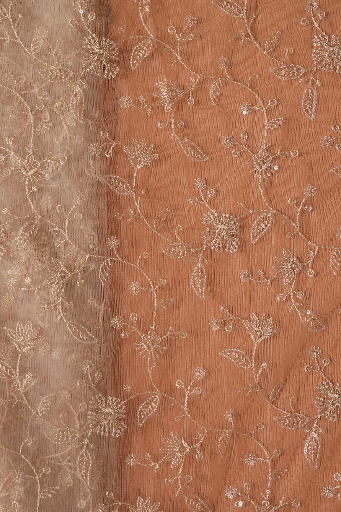 AIzaSyBcstauz-XMPRhEY21AUzeo032pxrXB5Ug - Beige Thread With Water Sequins Floral Embroidery On Beige Soft Net Fabric
