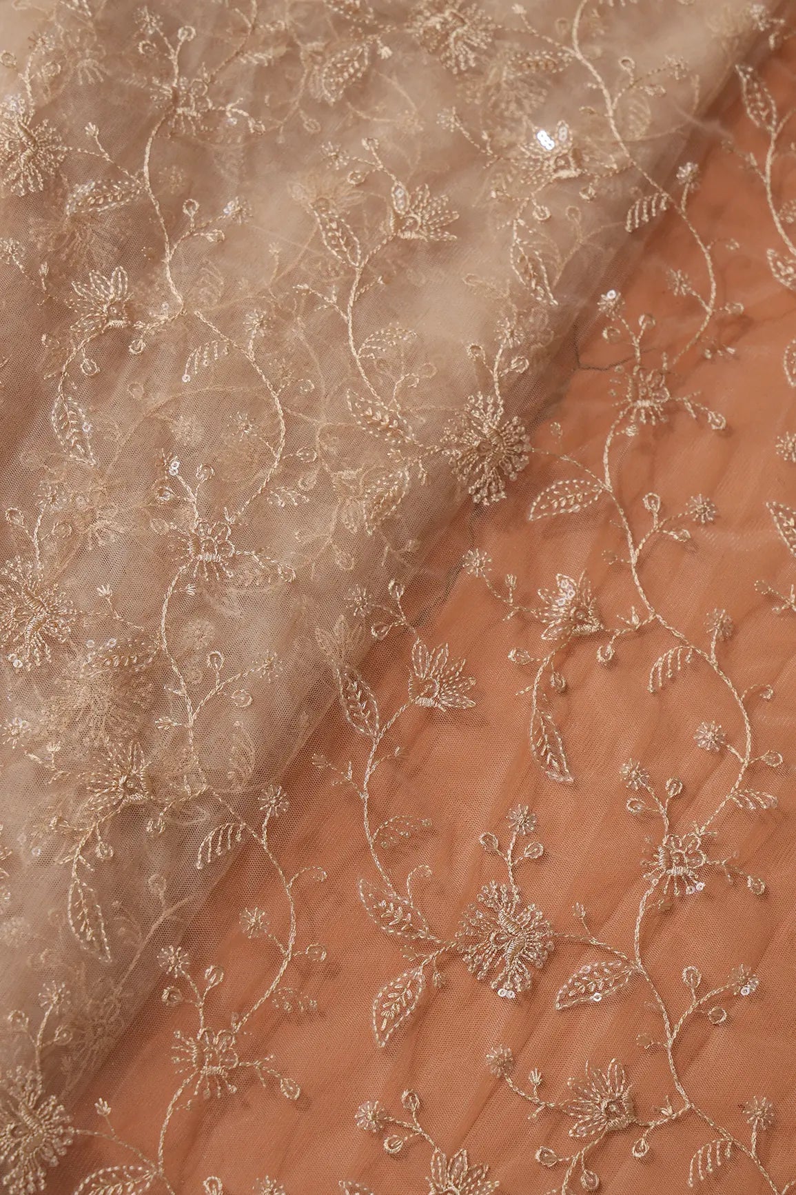 AIzaSyBcstauz-XMPRhEY21AUzeo032pxrXB5Ug - Beige Thread With Water Sequins Floral Embroidery On Beige Soft Net Fabric