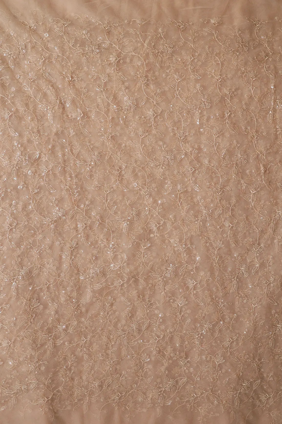 AIzaSyBcstauz-XMPRhEY21AUzeo032pxrXB5Ug - Beige Thread With Water Sequins Floral Embroidery On Beige Soft Net Fabric