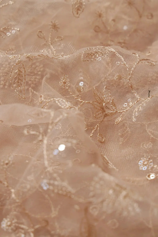AIzaSyBcstauz-XMPRhEY21AUzeo032pxrXB5Ug - Beige Thread With Water Sequins Floral Embroidery On Beige Soft Net Fabric