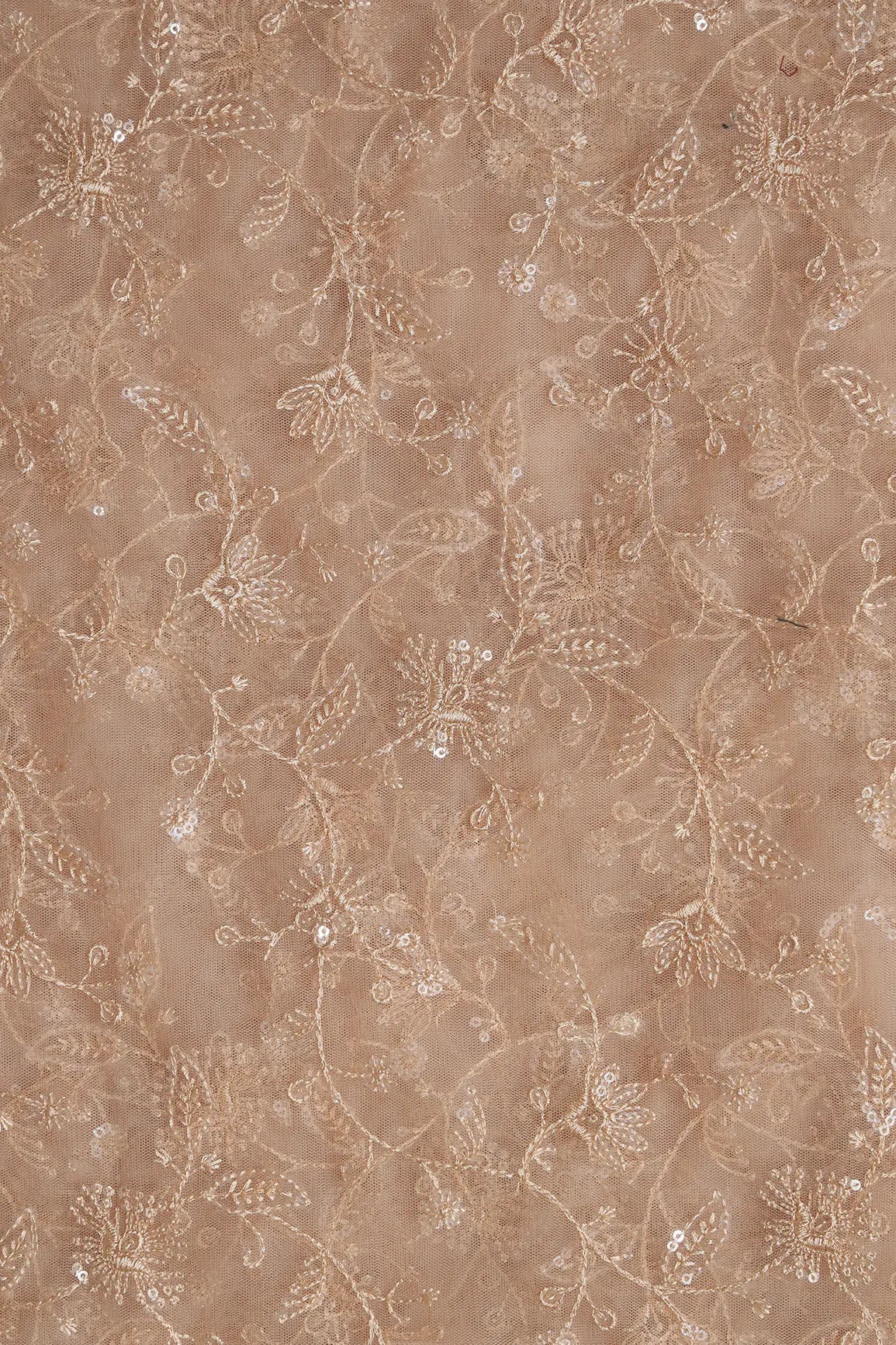 AIzaSyBcstauz-XMPRhEY21AUzeo032pxrXB5Ug - Beige Thread With Water Sequins Floral Embroidery On Beige Soft Net Fabric