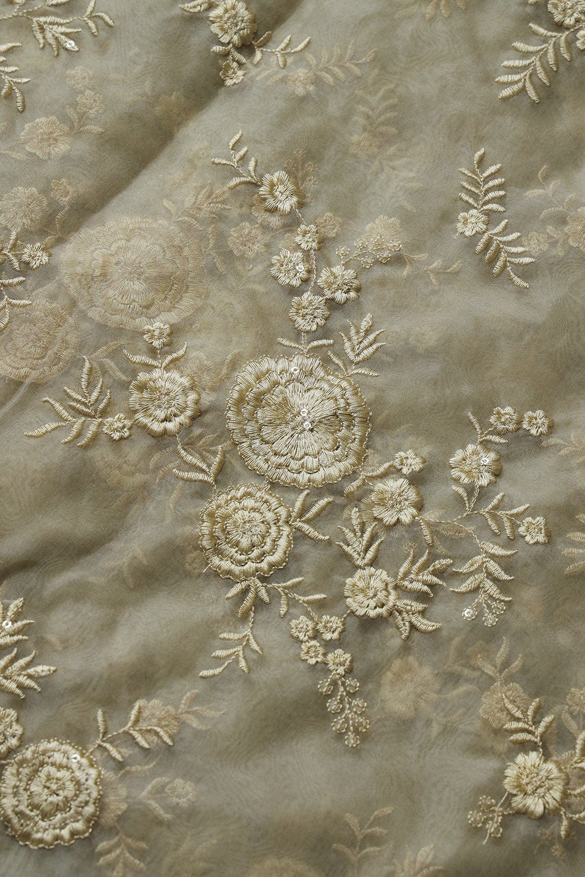 AIzaSyBcstauz-XMPRhEY21AUzeo032pxrXB5Ug - Beige Thread With Water Sequins Floral Embroidery Work On Beige Organza Fabric