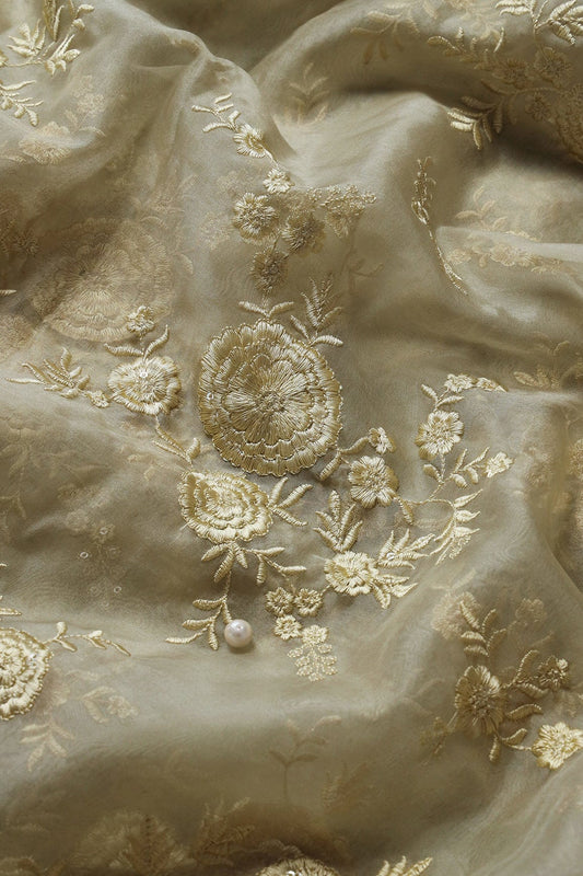 AIzaSyBcstauz-XMPRhEY21AUzeo032pxrXB5Ug - Beige Thread With Water Sequins Floral Embroidery Work On Beige Organza Fabric