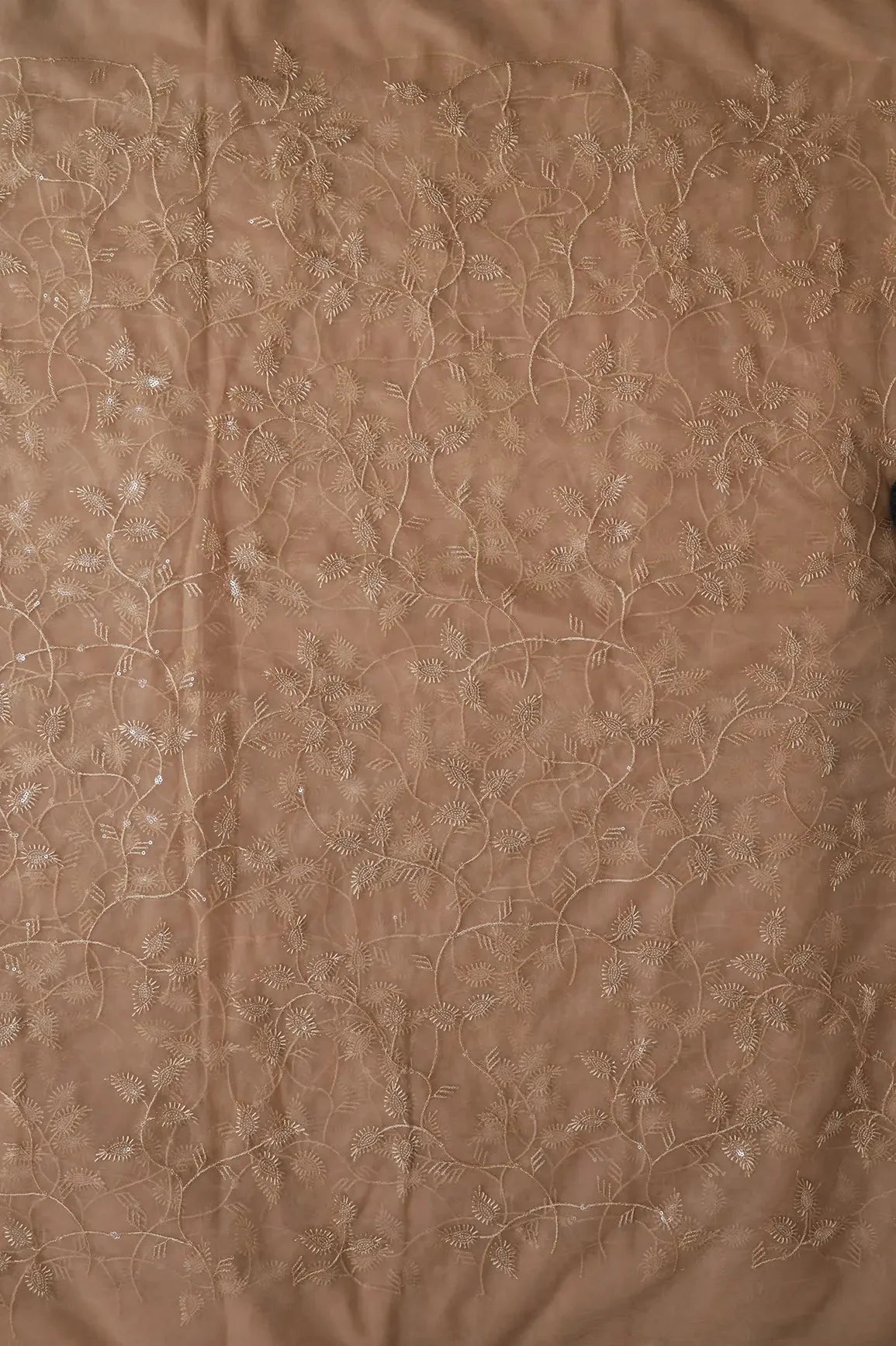 AIzaSyBcstauz-XMPRhEY21AUzeo032pxrXB5Ug - Beige Thread With Water Sequins Leafy Embroidery On Beige Soft Net Fabric