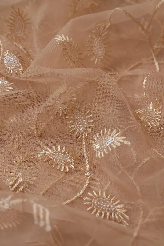 AIzaSyBcstauz-XMPRhEY21AUzeo032pxrXB5Ug - Beige Thread With Water Sequins Leafy Embroidery On Beige Soft Net Fabric