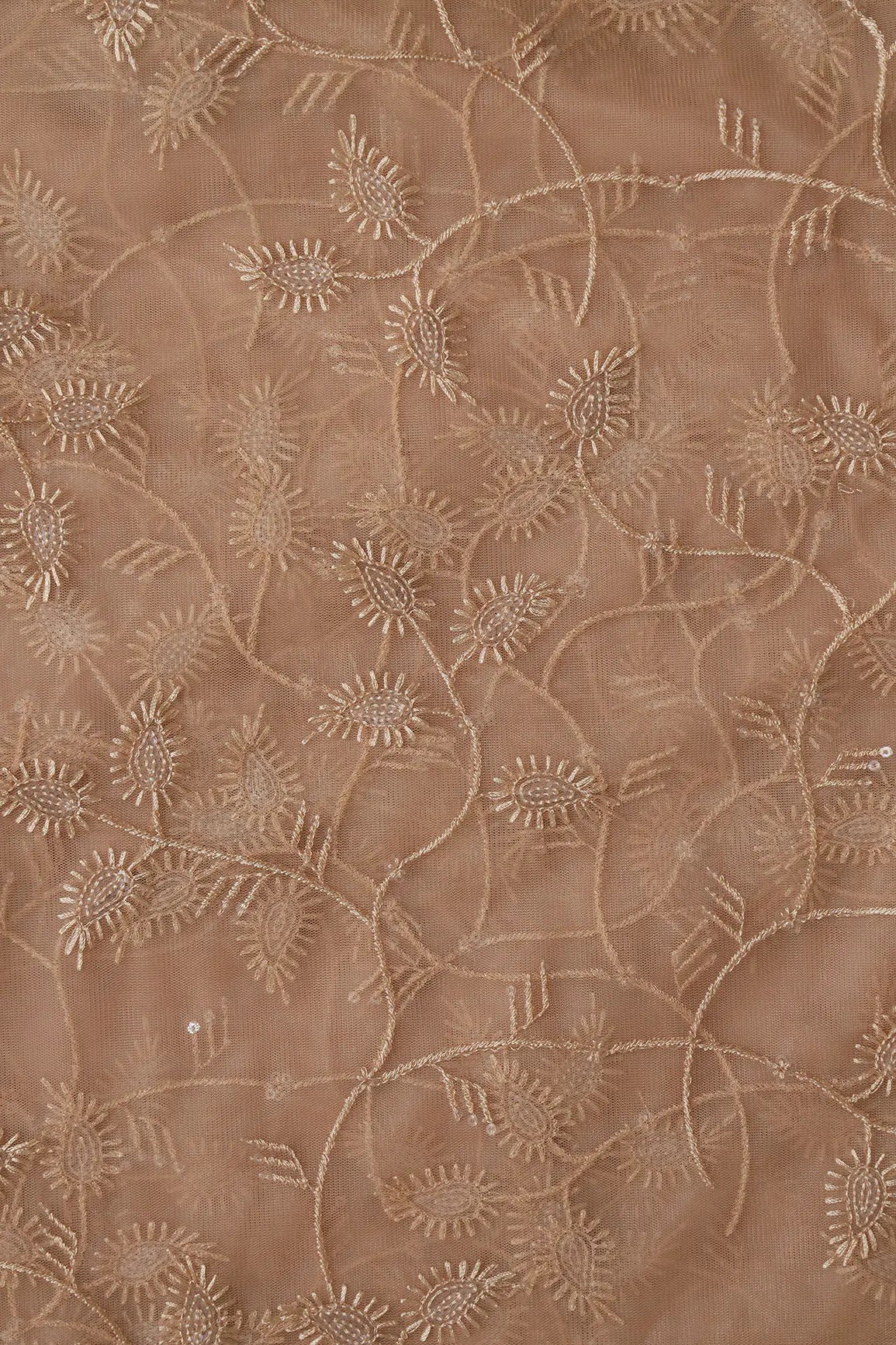 AIzaSyBcstauz-XMPRhEY21AUzeo032pxrXB5Ug - Beige Thread With Water Sequins Leafy Embroidery On Beige Soft Net Fabric