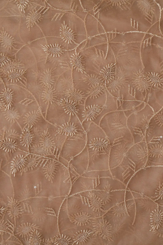 AIzaSyBcstauz-XMPRhEY21AUzeo032pxrXB5Ug - Beige Thread With Water Sequins Leafy Embroidery On Beige Soft Net Fabric