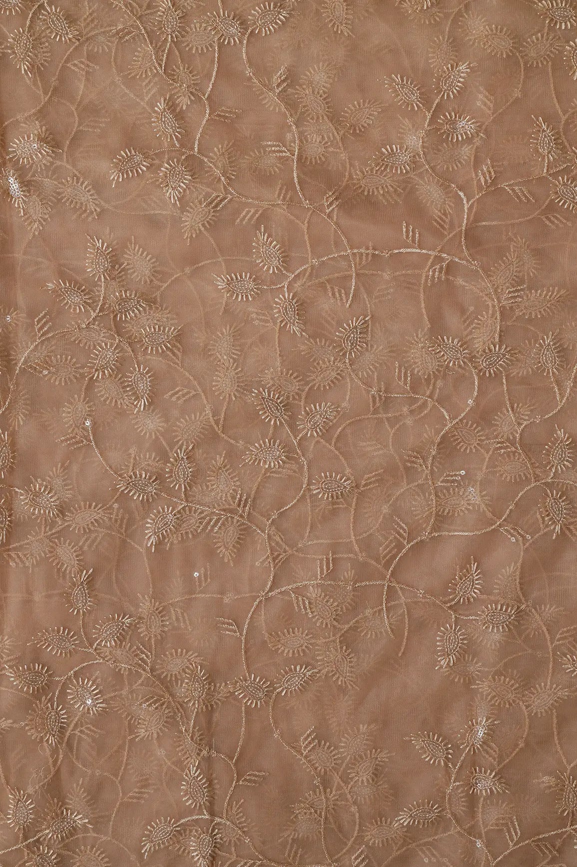 AIzaSyBcstauz-XMPRhEY21AUzeo032pxrXB5Ug - Beige Thread With Water Sequins Leafy Embroidery On Beige Soft Net Fabric