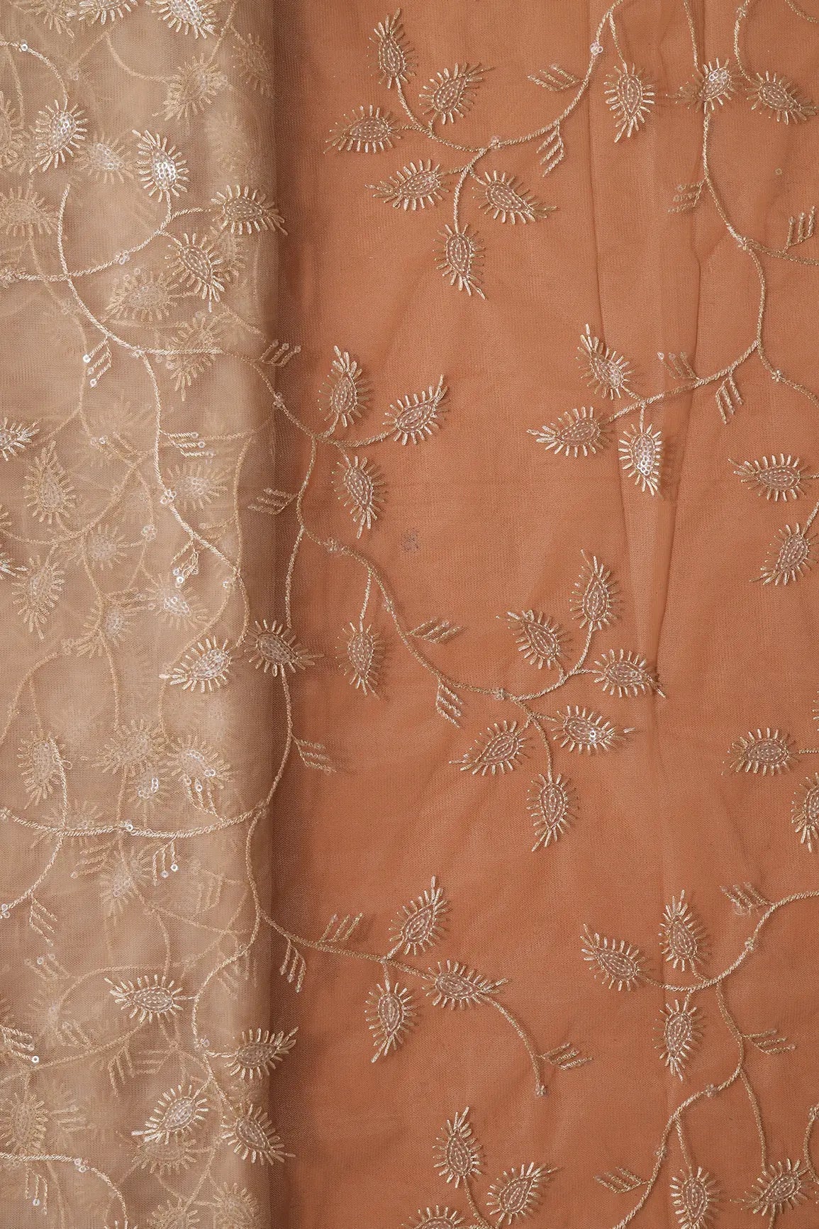 AIzaSyBcstauz-XMPRhEY21AUzeo032pxrXB5Ug - Beige Thread With Water Sequins Leafy Embroidery On Beige Soft Net Fabric