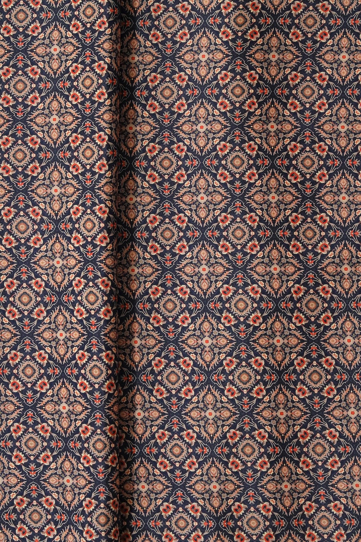 AIzaSyBcstauz-XMPRhEY21AUzeo032pxrXB5Ug - Beige Traditional Pattern Digital Print On Navy Blue French Crepe Fabric