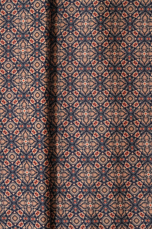 AIzaSyBcstauz-XMPRhEY21AUzeo032pxrXB5Ug - Beige Traditional Pattern Digital Print On Navy Blue French Crepe Fabric