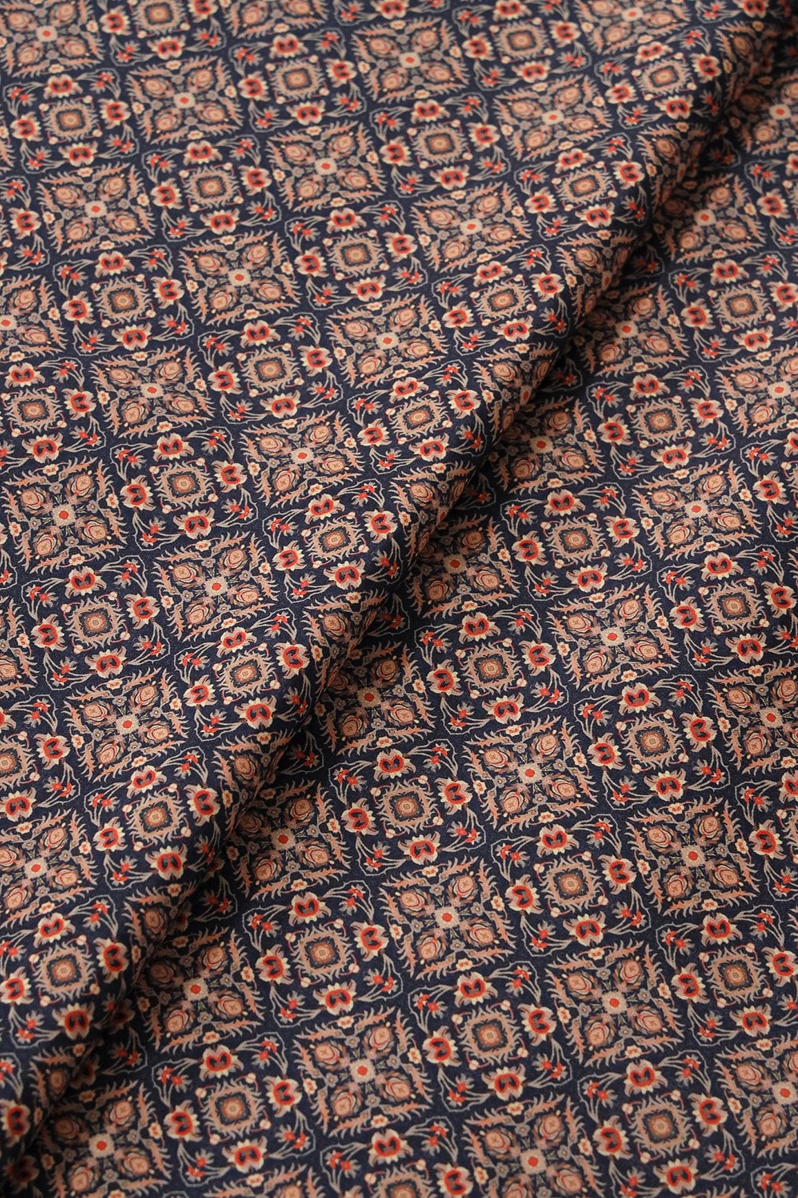 AIzaSyBcstauz-XMPRhEY21AUzeo032pxrXB5Ug - Beige Traditional Pattern Digital Print On Navy Blue French Crepe Fabric