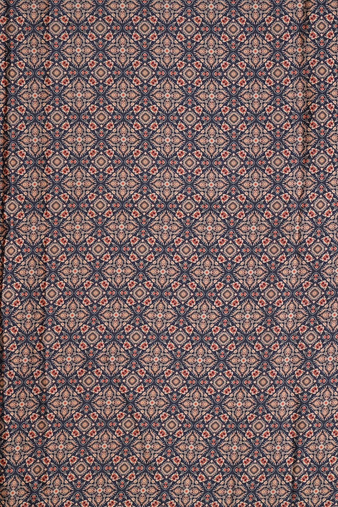 AIzaSyBcstauz-XMPRhEY21AUzeo032pxrXB5Ug - Beige Traditional Pattern Digital Print On Navy Blue French Crepe Fabric