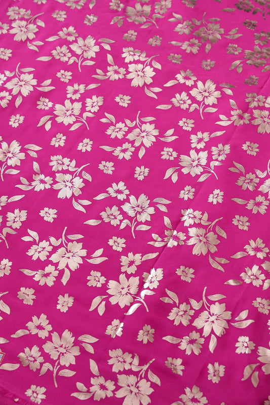 AIzaSyBcstauz-XMPRhEY21AUzeo032pxrXB5Ug - Big Width "56" Beautiful Floral Gold Foil Print On Fuchsia Georgette Fabric