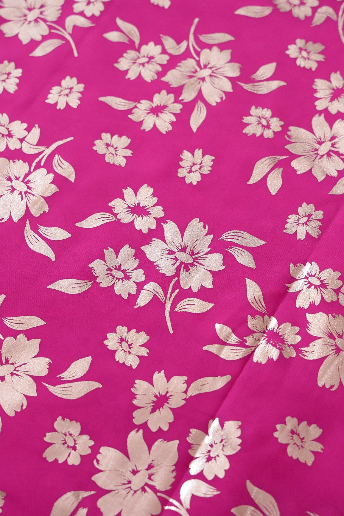 AIzaSyBcstauz-XMPRhEY21AUzeo032pxrXB5Ug - Big Width "56" Beautiful Floral Gold Foil Print On Fuchsia Georgette Fabric