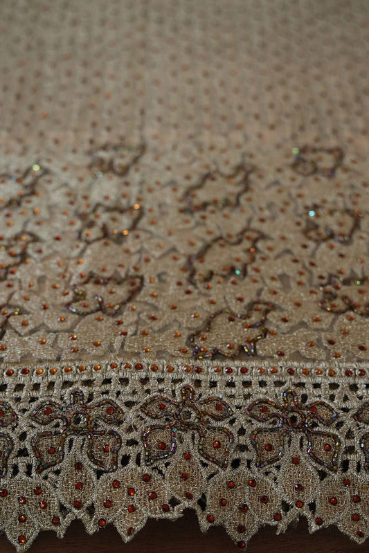 AIzaSyBcstauz-XMPRhEY21AUzeo032pxrXB5Ug - Big Width "56" Handwork Embroidery on Beige Soft net Fabric