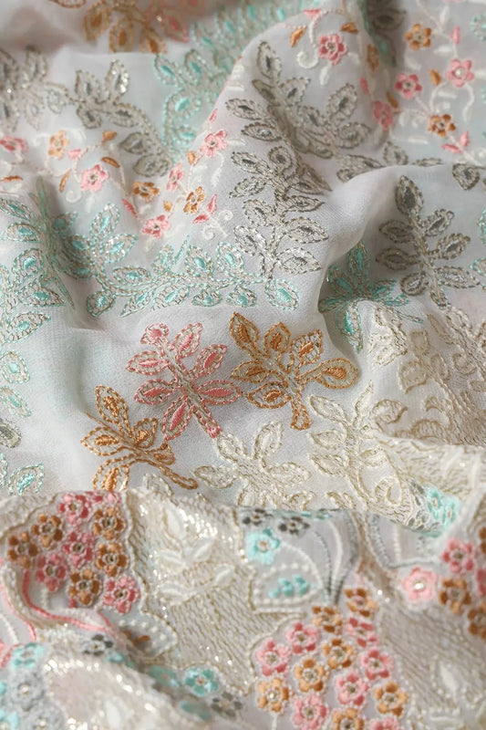 AIzaSyBcstauz-XMPRhEY21AUzeo032pxrXB5Ug - Big Width "56" Multi Color Pastel Thread Floral Embroidery On Dyeable White Viscose Georgette Fabric With Border