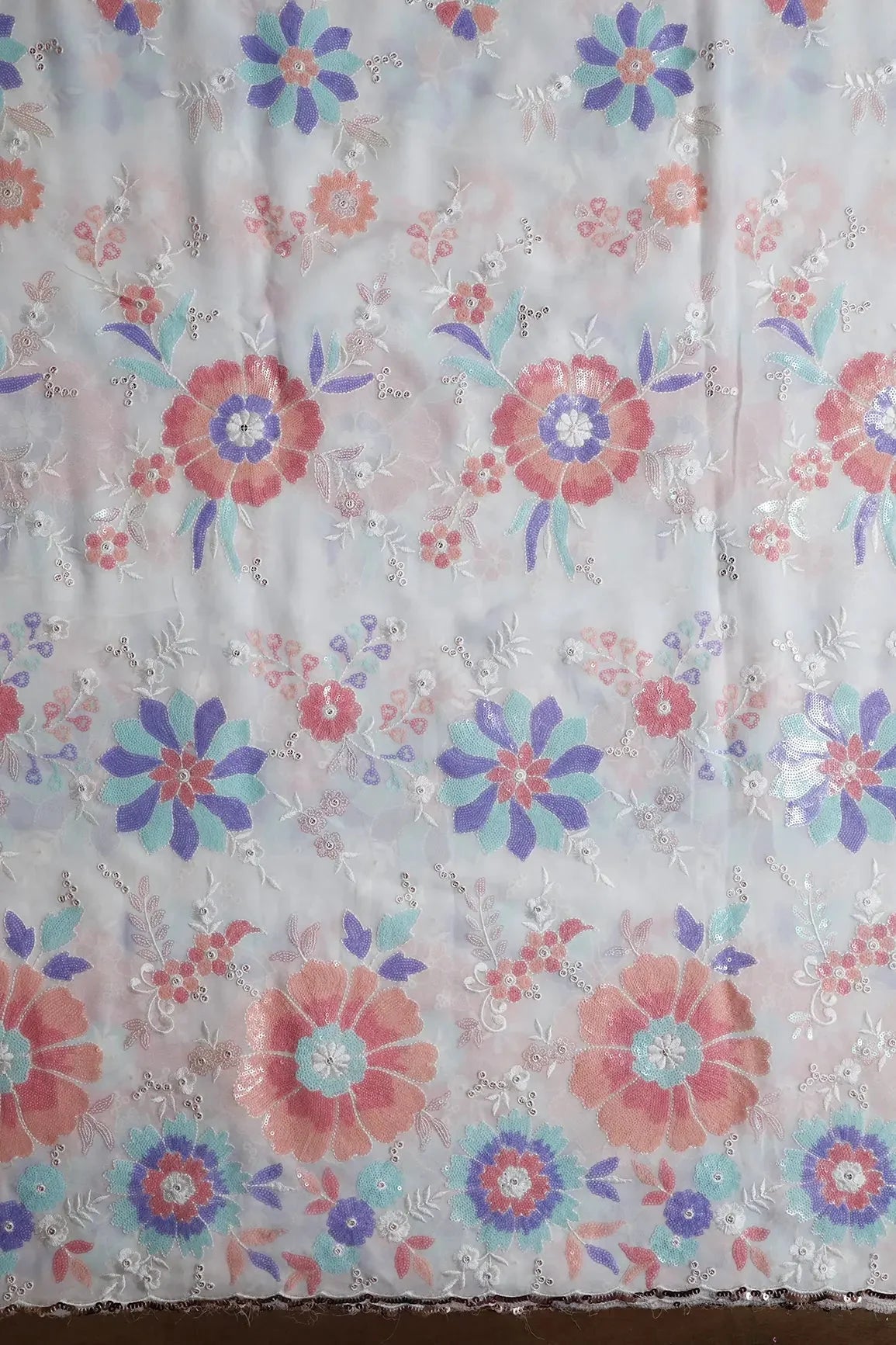 AIzaSyBcstauz-XMPRhEY21AUzeo032pxrXB5Ug - Big Width "56" Multi Sequins Beautiful Floral Embroidery On White Viscose Georgette Fabric