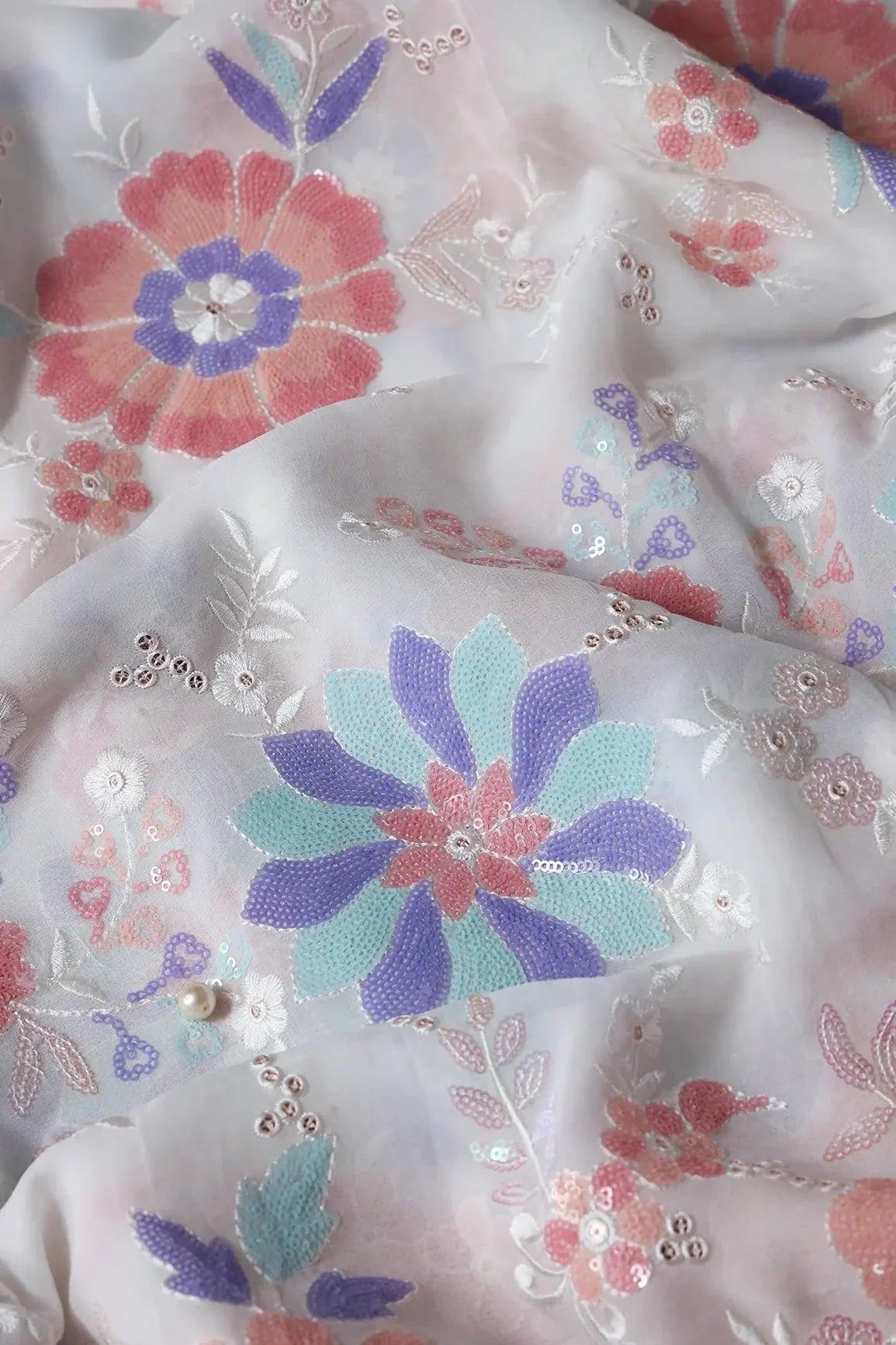 AIzaSyBcstauz-XMPRhEY21AUzeo032pxrXB5Ug - Big Width "56" Multi Sequins Beautiful Floral Embroidery On White Viscose Georgette Fabric