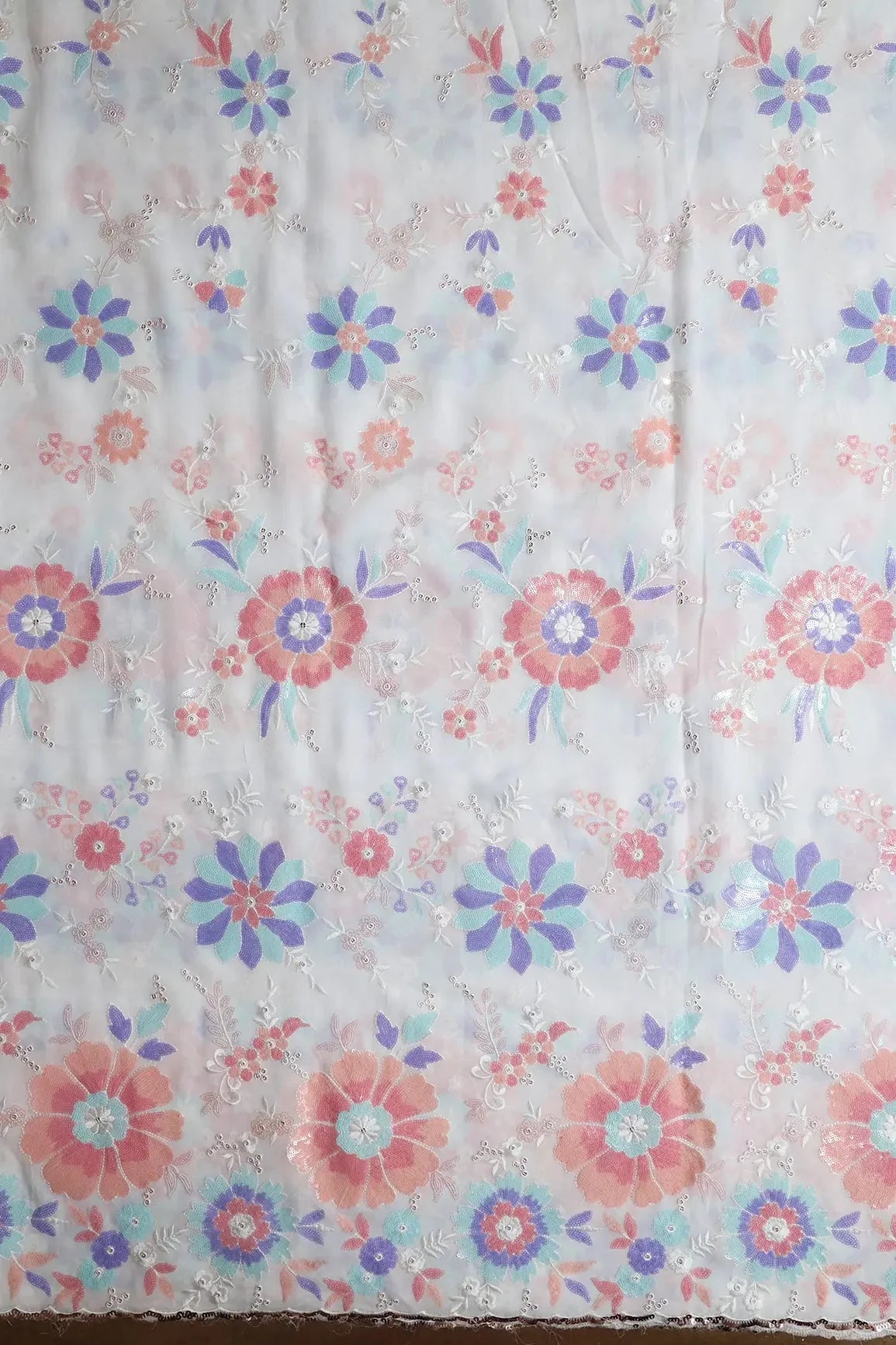 AIzaSyBcstauz-XMPRhEY21AUzeo032pxrXB5Ug - Big Width "56" Multi Sequins Beautiful Floral Embroidery On White Viscose Georgette Fabric