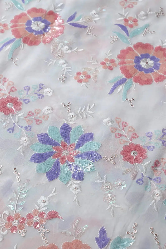 AIzaSyBcstauz-XMPRhEY21AUzeo032pxrXB5Ug - Big Width "56" Multi Sequins Beautiful Floral Embroidery On White Viscose Georgette Fabric