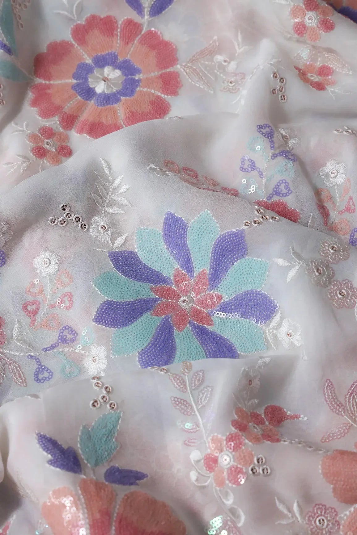 AIzaSyBcstauz-XMPRhEY21AUzeo032pxrXB5Ug - Big Width "56" Multi Sequins Beautiful Floral Embroidery On White Viscose Georgette Fabric