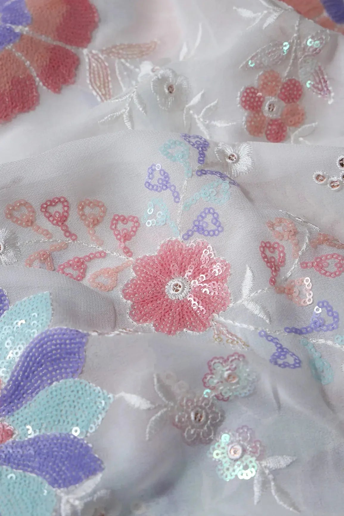 AIzaSyBcstauz-XMPRhEY21AUzeo032pxrXB5Ug - Big Width "56" Multi Sequins Beautiful Floral Embroidery On White Viscose Georgette Fabric