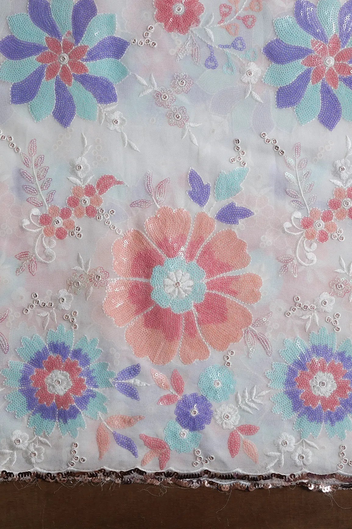 AIzaSyBcstauz-XMPRhEY21AUzeo032pxrXB5Ug - Big Width "56" Multi Sequins Beautiful Floral Embroidery On White Viscose Georgette Fabric