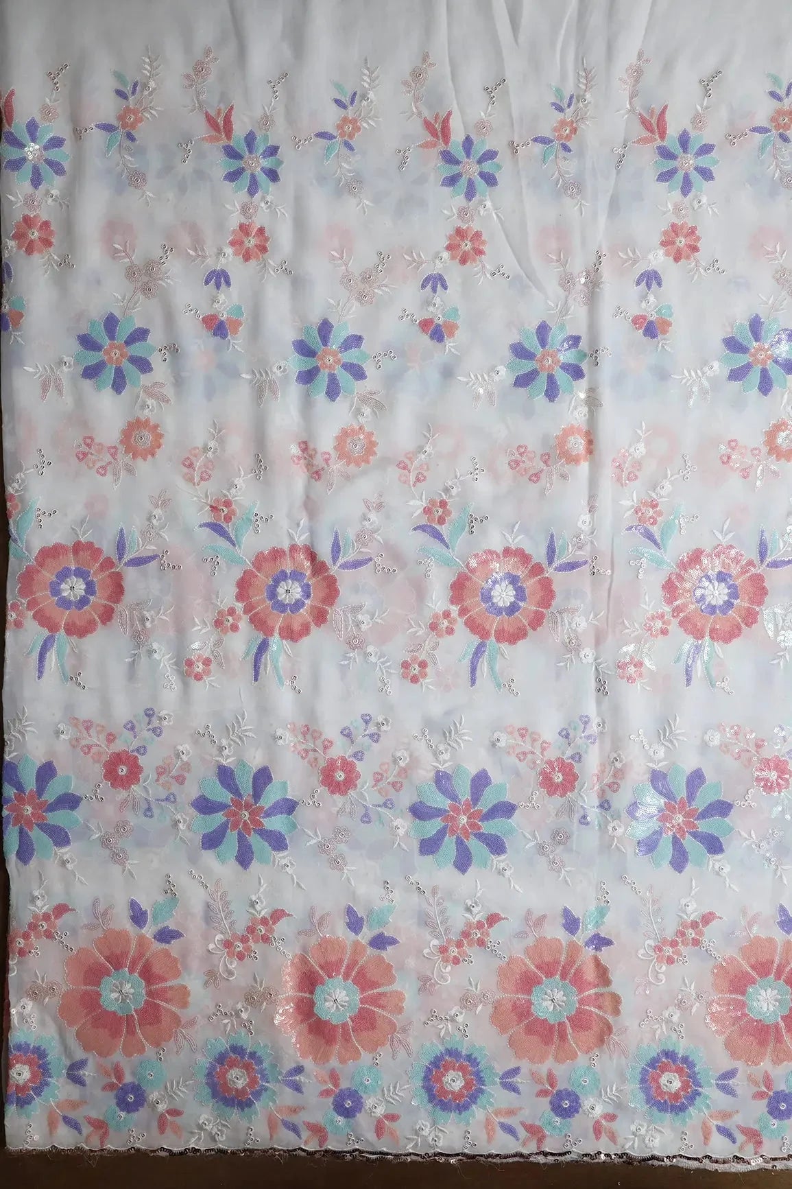 AIzaSyBcstauz-XMPRhEY21AUzeo032pxrXB5Ug - Big Width "56" Multi Sequins Beautiful Floral Embroidery On White Viscose Georgette Fabric