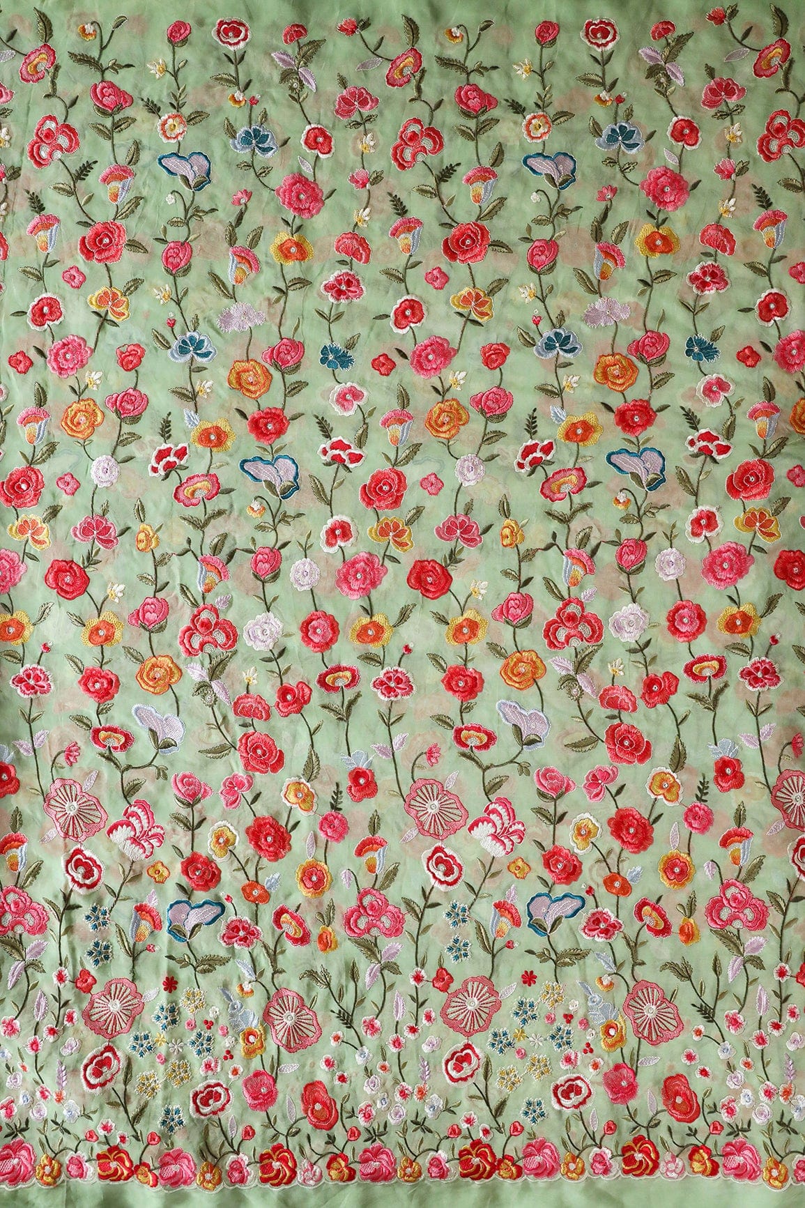 AIzaSyBcstauz-XMPRhEY21AUzeo032pxrXB5Ug - Big Width "56" Multi Thread With Water Sequins Floral Embroidery On Olive Viscose Georgette Fabric