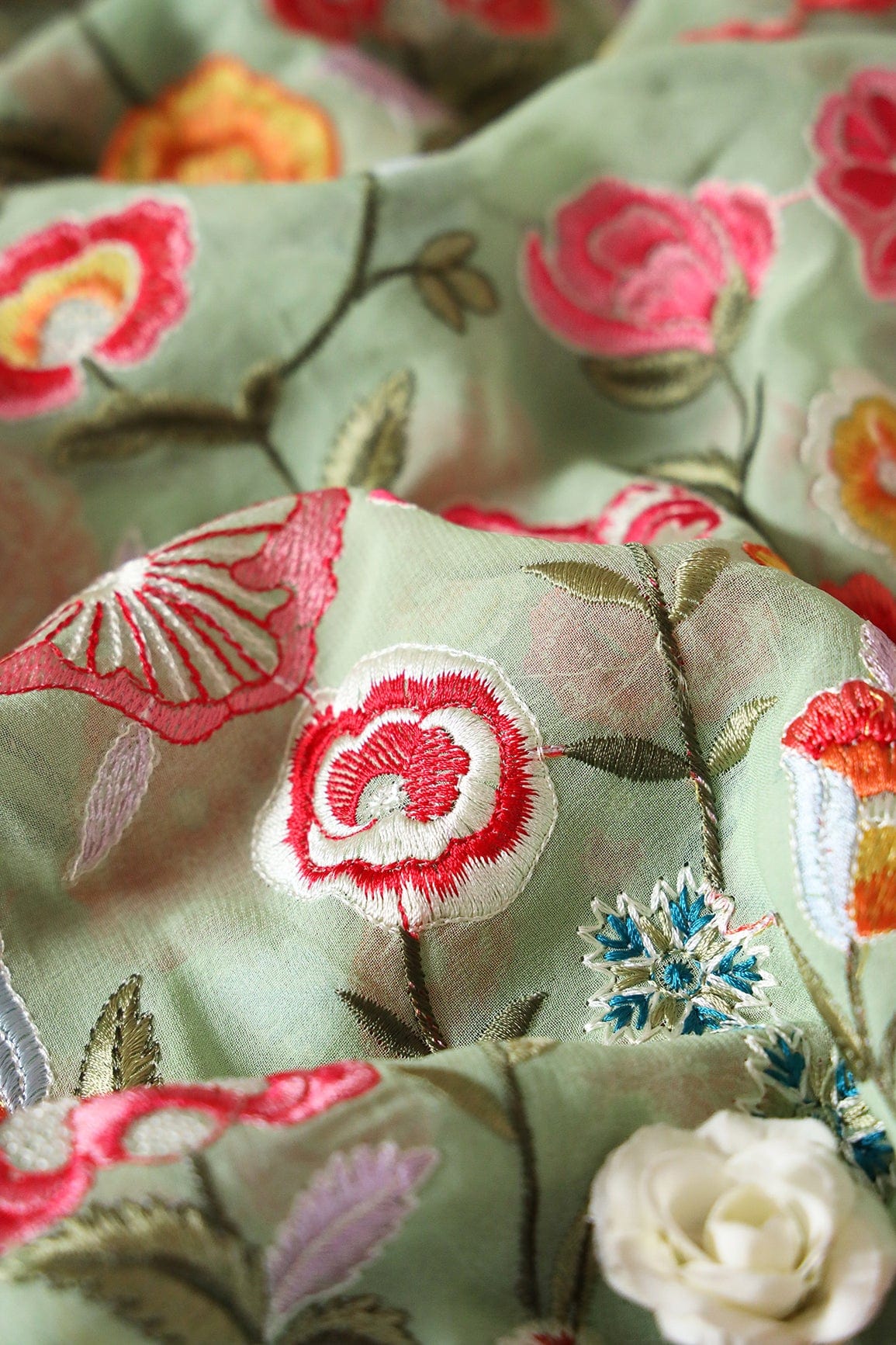 AIzaSyBcstauz-XMPRhEY21AUzeo032pxrXB5Ug - Big Width "56" Multi Thread With Water Sequins Floral Embroidery On Olive Viscose Georgette Fabric