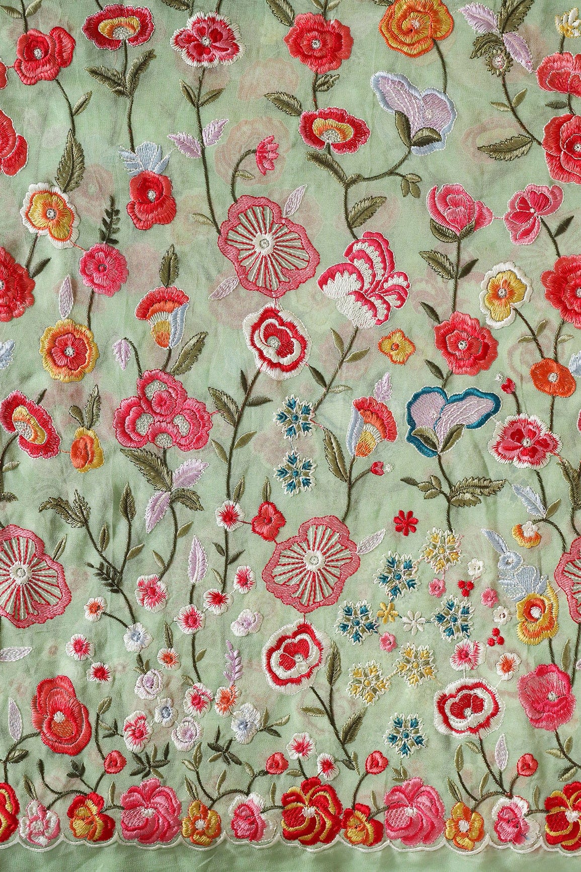 AIzaSyBcstauz-XMPRhEY21AUzeo032pxrXB5Ug - Big Width "56" Multi Thread With Water Sequins Floral Embroidery On Olive Viscose Georgette Fabric