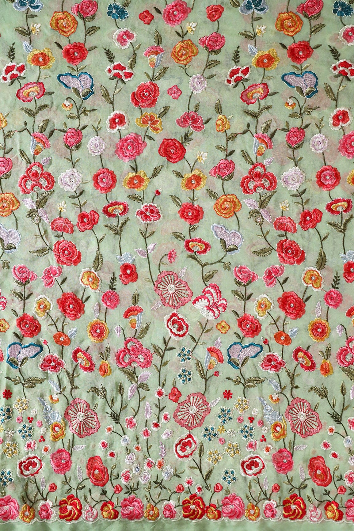 AIzaSyBcstauz-XMPRhEY21AUzeo032pxrXB5Ug - Big Width "56" Multi Thread With Water Sequins Floral Embroidery On Olive Viscose Georgette Fabric