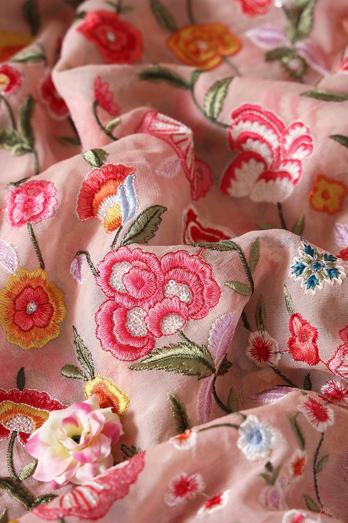 AIzaSyBcstauz-XMPRhEY21AUzeo032pxrXB5Ug - Big Width "56" Multi Thread With Water Sequins Floral Embroidery On Peach Viscose Georgette Fabric