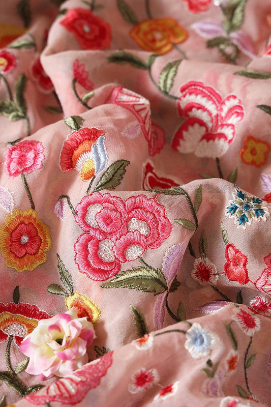 AIzaSyBcstauz-XMPRhEY21AUzeo032pxrXB5Ug - Big Width "56" Multi Thread With Water Sequins Floral Embroidery On Peach Viscose Georgette Fabric