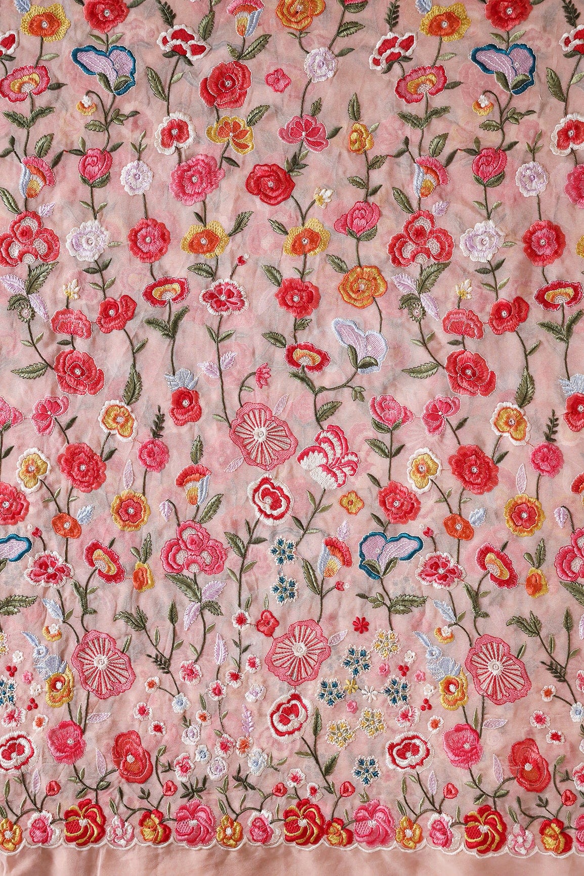AIzaSyBcstauz-XMPRhEY21AUzeo032pxrXB5Ug - Big Width "56" Multi Thread With Water Sequins Floral Embroidery On Peach Viscose Georgette Fabric