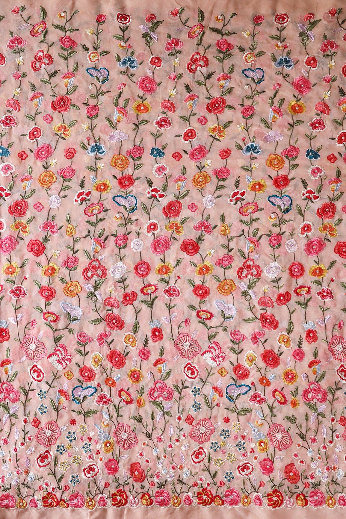 AIzaSyBcstauz-XMPRhEY21AUzeo032pxrXB5Ug - Big Width "56" Multi Thread With Water Sequins Floral Embroidery On Peach Viscose Georgette Fabric