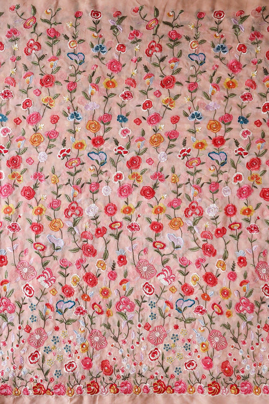 AIzaSyBcstauz-XMPRhEY21AUzeo032pxrXB5Ug - Big Width "56" Multi Thread With Water Sequins Floral Embroidery On Peach Viscose Georgette Fabric