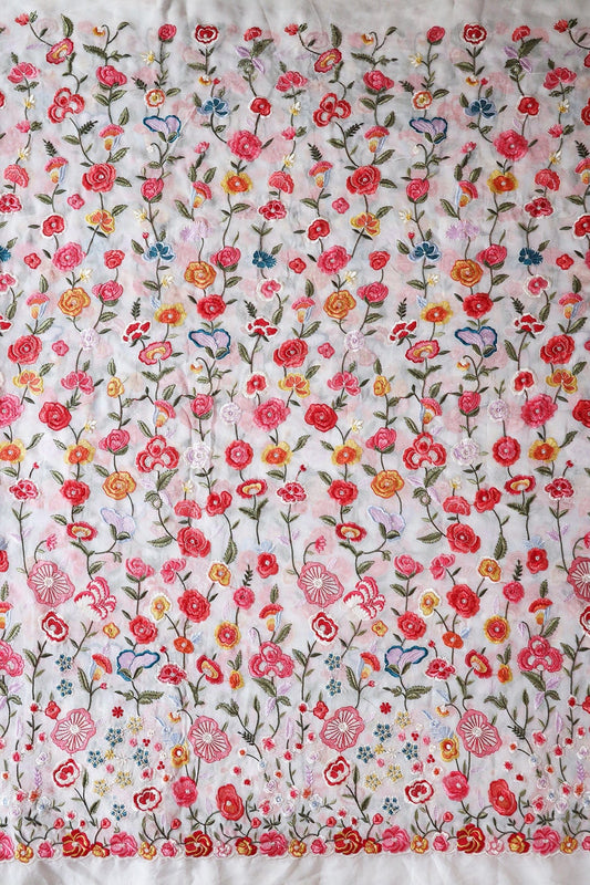 AIzaSyBcstauz-XMPRhEY21AUzeo032pxrXB5Ug - Big Width "56" Multi Thread With Water Sequins Floral Embroidery On White Viscose Georgette Fabric