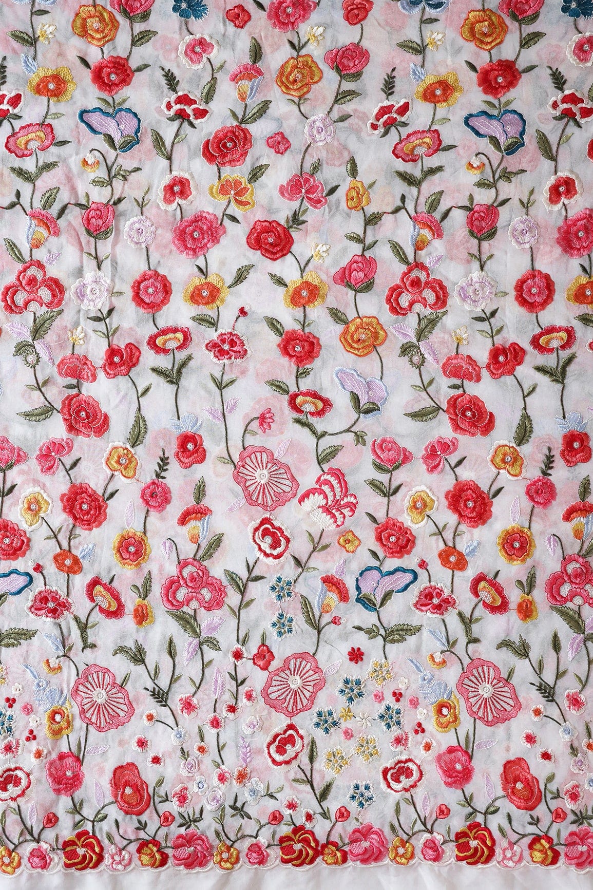 AIzaSyBcstauz-XMPRhEY21AUzeo032pxrXB5Ug - Big Width "56" Multi Thread With Water Sequins Floral Embroidery On White Viscose Georgette Fabric